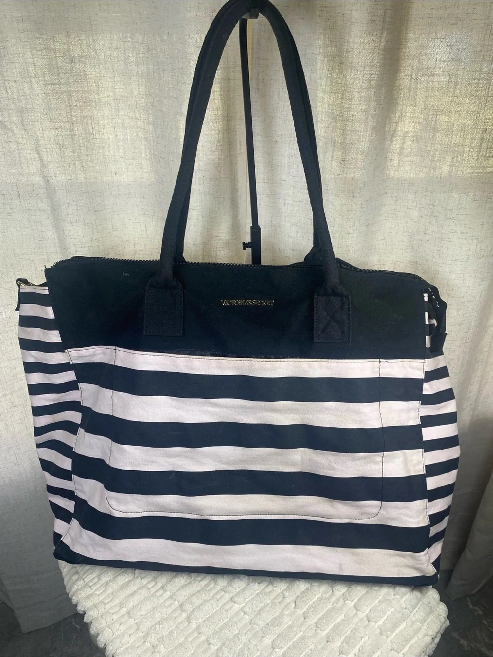 Victoria’s Secret Pink Black Striped Weekender Tote Bag Large Canvas Getaway